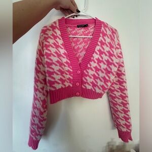 Nasty Gal Pink & white knit cropped cardigan/ sweater